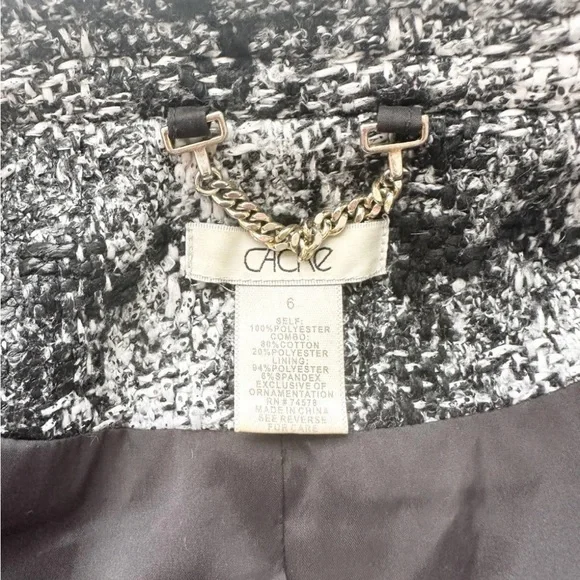 Cache' 6 Tweed Blazer Lined Clasp Closure Chiffon Trim Black White Silver Flat - Picture 8 of 11